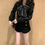 Vevesc Elegant White Shirts Women Vintage Bow Long Sleeve Black Blouses Office Ladies Korean Single Breasted Loose Chic Tops New