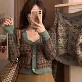 Vevesc Vintage All-match Flower Print Knitted Cardigan Early Autumn New Tops Mujer Y2k E-Girl Slim Fit Long Sleeve Coat Women