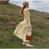 Vevesc  Elegant Patchwork Long Dress Women O-neck Sleeveless Pleated Female Dresses 2025 Summer Holiday Solid A-line Lady Loose Robe