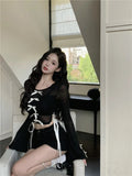 Vevesc American Vintage Black O Nekc Long Flare Sleeve Shirts Side Split Lace Up Design Streetwear Clothing Y2k Aesthetic Punk Tops
