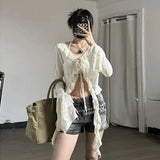 Vevesc Gothic Vintage Y2k Lace Up Shirt Women Aesthetic Crop Irregular Blouses Coquette V Neck Grunge Harajuku Korean Fashion