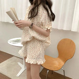 Vevesc Floral Print Summer Pajamas Set Women Shirts Tops + Shorts Set Two Piece Ruffles Sweet Home Suit Home Clothes Korean