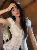 Vevesc Korean Fashion V-neck Fungus White Blouses Y2k E-Girl Slim Fit Ruched Shirts Women 2024 Summer New Short Sleeve Blusas Mujer
