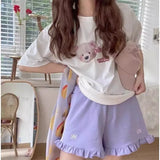 Vevesc 2024 Summer New Fungus Pink Shorts Women Harajuku Embroidery Bow High Waist Ropa Mujer Y2k Grunge Loose Wide Leg