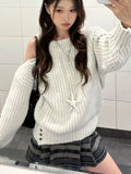 Vevesc Korean Style Sexy Sweaters Elegant Off Shoulder Sweet Knitted Pullover Sweet Preppy Style Solid Long Sleeve Sweaters