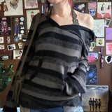 Vevesc Aesthetic Striped Knitted Hooded Sweaterwith Pockets Autumn Casual Long Sleeve Pullovers Tops 90s Cyber Grunge Vintage Jumpers