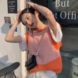 Vevesc Sweet Cropped Sweater Vests Women Patchwork Sleeveless Knitted Waistcoat Streetwear Harajuku Korean Slim Knitwear Jumpers