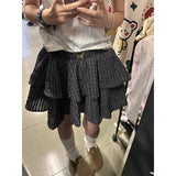 Vevesc Vintage Plaid Mini Skirt Women Preppy Kawaii Ruffles Ball Gown Skirts Summer Japanese Harajuku High Waist A Line Skirt New