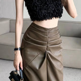 Vevesc Women's A-line Brown Pleated PU Skirt Vintage 90s Aesthetic Y2k Grey Long Skirt Harajuku Korean Skirts 2000s Clothes