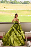 Vevesc Couture Green Asymmetrical Satin Long Evening Dresses With Ruffles Trimmed Neckline And Bow Modest Formal Party Dress