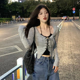 Vevesc Korean Bandage Two-piece Cardigan Camis Set Women High Street Long Sleeve Gray V-neck Slim Thin Shirts Fashion Harajuku Y2K Tops