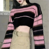 Vevesc Y2K Streetwear Pink Cropped Knitted Sweater Woman Striped Jumper Vintage Female  Autumn Long Sleeve Crewneck Pullovers Tops