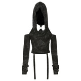 Vevesc Patchwork Retro Trendy Personalized Youth Girls High Street Personality Cool Sexy Women's Hooded Shoulder Short Top