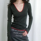 Vevesc American Vintage Contrast Color V Neck Tshirt Long Sleeve Tees Slim Fit High Street Harajuku Camisetas Gray Women Y2k