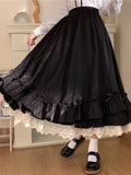 Vevesc Black Long Skirts Women Japanese Kawaii Preppy Style Lolita Skirt Female French Vintage Double Layer Lace Ruffled Pleated Skirts