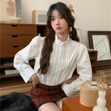 Vevesc  Women Shirts Puff Sleeve Solid Stand Collar Vintage Sweet Solid Blouses Lace Ruffles Autumn Winter Korean Blusas Mujer