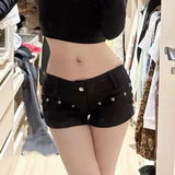 Vevesc Retro Sexy Low Waisted Hot Pants 2024 Summer New Belt Straight Denim Shorts Y2k E-Girl Slim Fit Rivets Black Ropa Mujer
