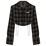 Vevesc Y2k Harajuku American High Street Turn Down Collar Long Sleeve Blouse High Waist Plaid Sid Drawstring Shirts Punk Girl Clothes