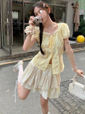 Vevesc  Fashion Sweet Matching Sets Puff Sleeve Folds Shirts Floral Ruffles High Waist Mini Skirts Summer Y2k Female Slim Women Clothing