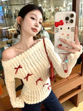 Vevesc Sweet Bow Knitted Pullover Women Off Shoulder Sexy Long Sleeve Sweaters Korean Style Kawaii Autumn Winter Pullovers