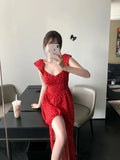 Vevesc  Hollow Backless Square Slit Dress Red Dot Elegant Midi Long Dress Dresses Ladies Women fairycore y2k 00s korean cloth boho retro