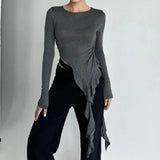 Vevesc Euramerican High Street O Neck Long Sleeve Shirts Fashion Lrregular Ruffle Moda Punk Tops Y2k Aesthetic Harajuku Girl Clothes