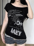 Vevesc Summer Sexy One Shoulder  Y2k Aesthetic T-Shirts Streetwear Vintage Letter Printing Tshirts Harajuku Grunge Oversized Black Tops