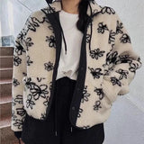 Vevesc Stand Collar Double Breasted Coat Women Autumn Winter New Lambswool Cardigan Jackets Cardigan Flower Long Sleeve Tops Mujer