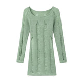 Vevesc Elegant Sweet O-neck Solid Tops Women Spring Sexy Off Shoulder Hollow Out Tee Shirt Y2k Kpop Long Sleeve Knitted T-shirts