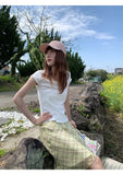 Vevesc  2025 Summer Sweet Chiffon Argyle Midi Skirt Women High Waist Slim Fit A-line Plaid Skirts Retro Fashion Versatile Skort