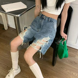 Vevesc Oversize Vintage Thin Denim Shorts Y2k E-Girlhigh Waist Loose Wide Leg Spring New Hollow Out Hole Knee-Length Jeans