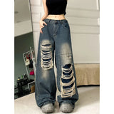 Vevesc Y2K Ripped Jeans Women Vintage Oversized Black Wide Leg Denim Pants Harajuku Streetwear Gothic High Waist Baggy Trousers