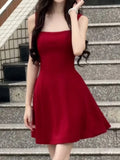 Vevesc  Sweet Red Mini Dress for Women French Slash Neck Sleeveless Birthday Party Short Dresses Summer A-Line Vestidos Female Clothing