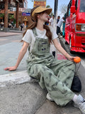 Vevesc  Women's Vintage Green Jumpsuits Denim Jumpsuit Y2k Harajuku Overalls Korean Streetwear High Waist Wide Jean Pants 90s Clothes