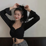 Vevesc Sexy Slash Neck Shirts Women Korean Black Cropped Pleated Puff Long Sleeve Blouses Summer White Off Shoulder Crop Tops New