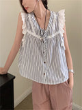 Vevesc  Sweet Stripes Tank Tops Lace Women Chic Loose Gentle Camping All Match Slim New Summer Office Lady Outwear Camis