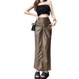 Vevesc Women's A-line Brown Pleated PU Skirt Vintage 90s Aesthetic Y2k Grey Long Skirt Harajuku Korean Skirts 2000s Clothes