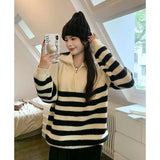 Vevesc Korean Black Contrast Color Striped Pullovers Sueters Mujer Knitted Half High Collar Zipper Y2k Sweaters Women Lazy Casual Tops