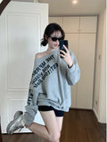Vevesc Womens Clothing Grey Vintage Street Sweatshirt Hoodie Letter Printing Long Sleeves Casual Warm Oversize Baggy Ladies Tops Autumn