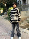 Vevesc Pullovers Oversize Sueter Mujer Y2k Knitted Tops Women Contrast Color Sweater Striped Long Sleeve High Street American O Neck