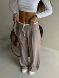 Vevesc  Simple Fake Two Loose Wide Leg Pants Spring and Summer Women Fashion High Waist Lace Up Design Interview Office Casual Pants