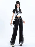 Vevesc Black Women's Jeans Hip-hop Fashion Vintage Streetwear Y2K Wide Leg Straight Jeans High Waist Trouser Baggy Cargo Denim Pants