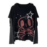 Vevesc Autumn Winter Y2K Subculture Tshirt Long Sleeve Faux Two Piece Harajuku Loose Punk Tees Casual Rock Emo Grunge Aesthetic Tops