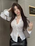 Vevesc Shirts Women Slim Folds Chic Autumn Winter Fashion Hotsweet All-match Flare Sleeve French Casual Tops Harajuku Sexy Blouse Lady