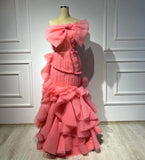 Vevesc Couture Coral Red Ruffles Mermaid Long Evening Dresses With Bow Details Real Image Formal Party Dress Maxi Gowns
