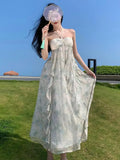Vevesc Summer Backless Halter Midi Fairy Dress For Women Sexy Green Printed Slim Beach Prom Dress Long Club Party Vacation Outfits