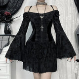 Vevesc Goth Black Lace Flocking Off-Shoulder Flared Sleeve Party Dresses Y2K Vintage Velvet Patchwork A-Line Mini Dress Women