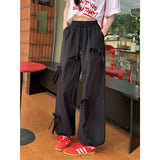Vevesc Wide Leg Pants Drawstring Bow Casual Summer Preppy Style Trousers Y2k Ankle Length Women Straight Korean High Street