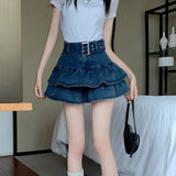 Vevesc Hotsweet Pleated Skirts Chic Summer With Belt Vintage High Waist Fashion Denim Women Vintage Ruffles A-Line Y2k Mini Skirt