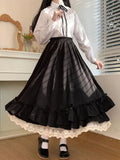Vevesc Black Long Skirts Women Japanese Kawaii Preppy Style Lolita Skirt Female French Vintage Double Layer Lace Ruffled Pleated Skirts